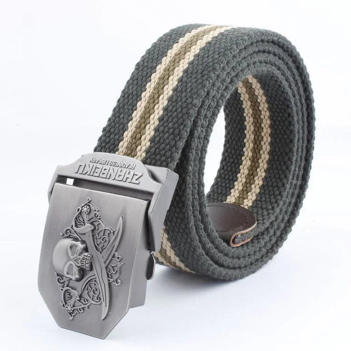 Gray woven fabric belt with beige stripes and metal skull and crossed swords buckle