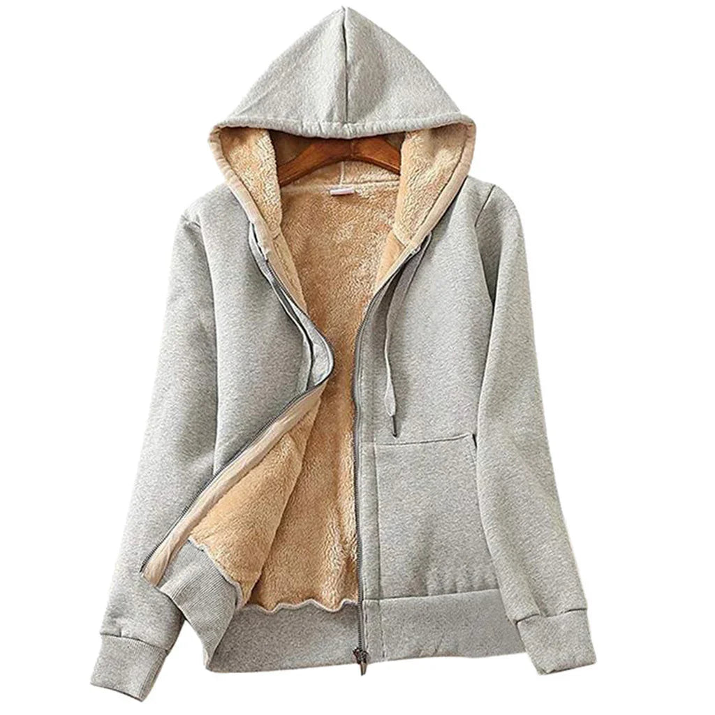 Grey zip-up hoodie with beige fleece lining, front pocket, and drawstring hood