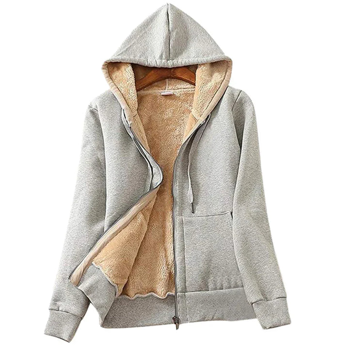 Grey zip-up hoodie with beige fleece lining, front pocket, and drawstring hood