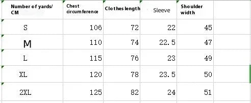 Clothing size chart displaying measurements for chest circumference, clothes length, sleeve, and shoulder width in centimeters for sizes S to 2XL