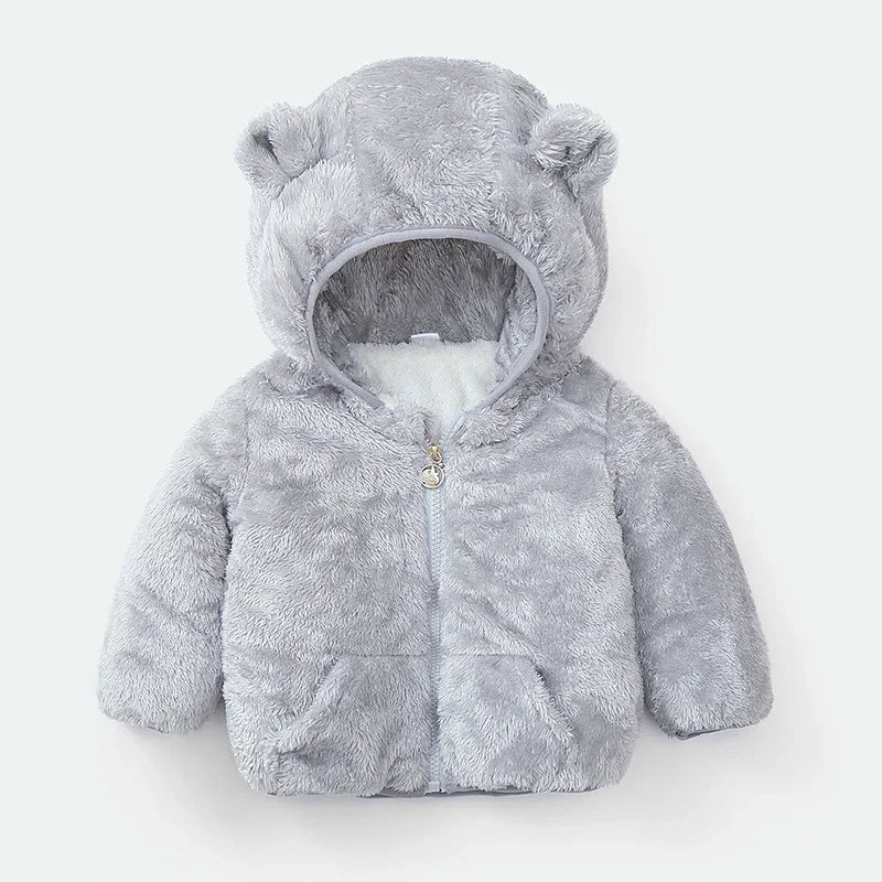 Soft grey baby hoodie jacket with bear ears and front pockets, cozy plush fabric