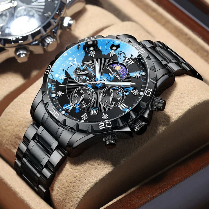 Black stainless steel chronograph wristwatch with blue reflections and moon phase dial on beige cushion