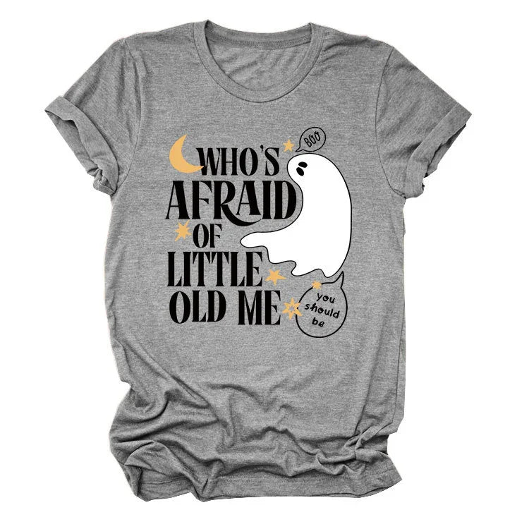 Gray Halloween t-shirt with ghost graphic and text Who's afraid of little old me