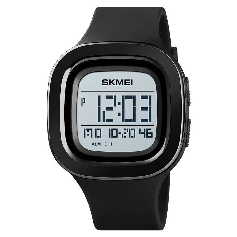 Black SKMEI digital wristwatch with square face displaying time, date, and alarm indicators