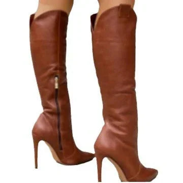 Pair of tall brown leather high-heeled boots with side zippers against white background