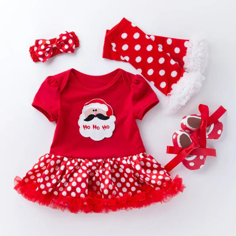 Red baby Christmas dress with Santa 'Ho Ho Ho', polka dot skirt, headband, leg warmers, and matching shoes