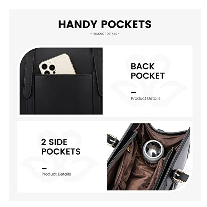 Black handbag showing back pocket with phone and interior with two side pockets and brown lining