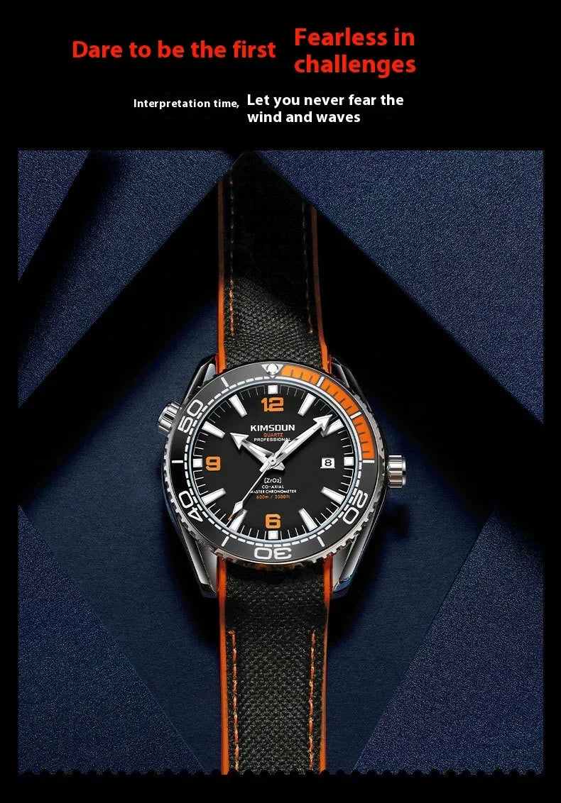 Kimsoun professional quartz watch with black face, orange accents, black strap, on dark geometric background