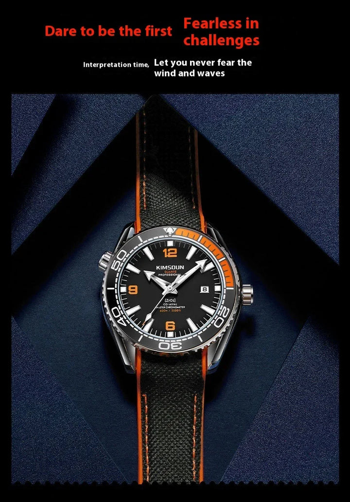 Kimsoun professional quartz watch with black face, orange accents, black strap, on dark geometric background