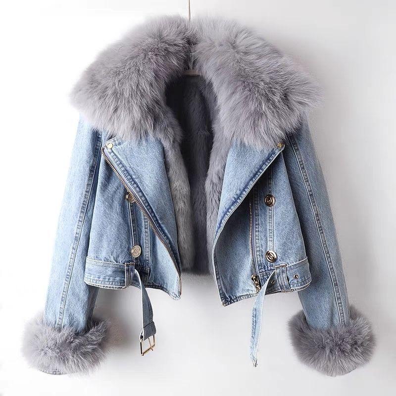 Light blue denim jacket with fluffy gray fur collar and cuffs, stylish winter outerwear