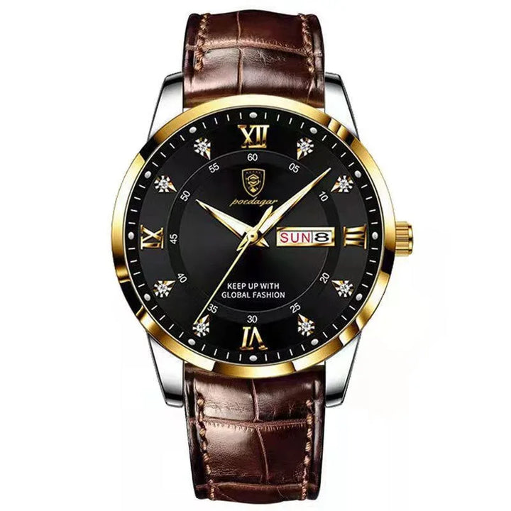Luxury wristwatch with black dial, gold accents, brown leather strap, and day-date display