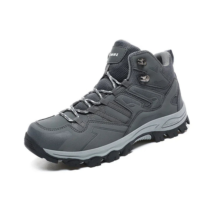gray high-top hiking boot with rugged sole and mesh fabric upper for outdoor trekking