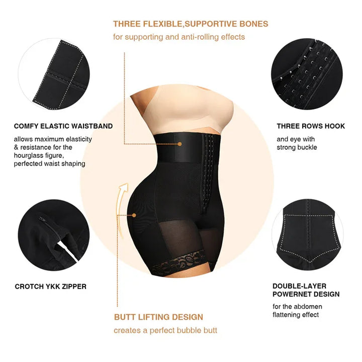 High-waisted black body shaper shorts with butt lifting design, elastic waistband, three rows hook, YKK zipper, and double-layer powernet