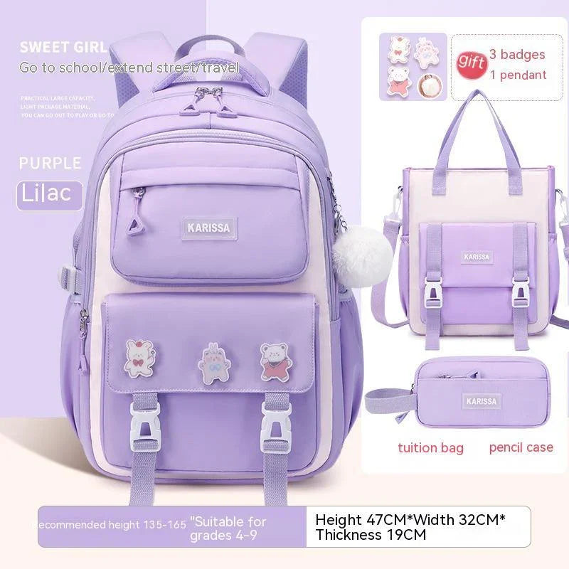 Lilac purple Karissa backpack set for girls includes backpack, tuition bag, pencil case with bear badges