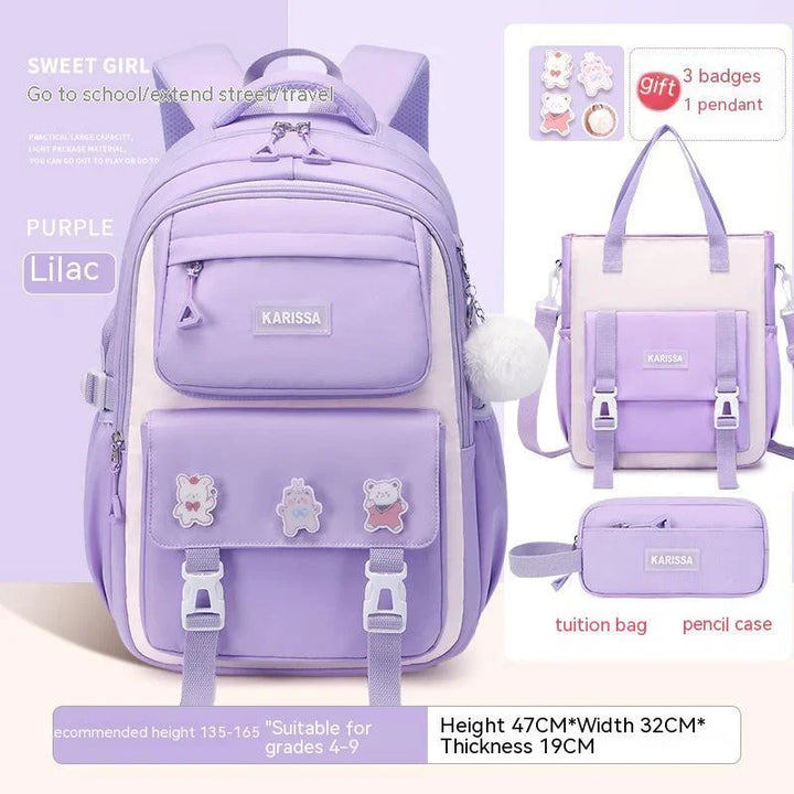 Lilac purple Karissa backpack set for girls includes backpack, tuition bag, pencil case with bear badges