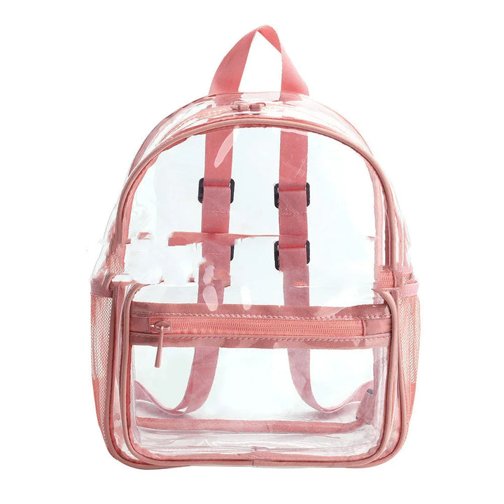 Clear backpack with pink straps, front zipper pocket, and mesh side pockets on white background