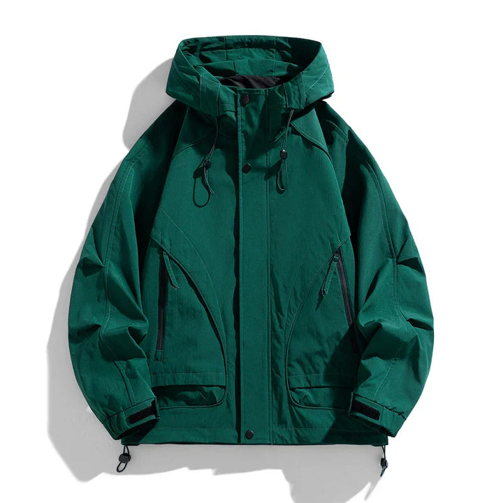 Men's dark green waterproof hooded jacket with zippered and flap pockets
