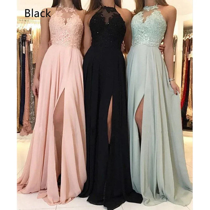 Three women wearing elegant sleeveless chiffon evening dresses with high slits in pink, black, and light green