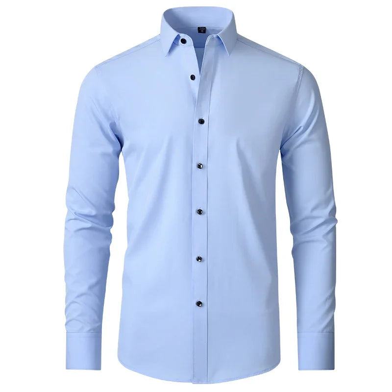 Light blue men's slim fit dress shirt with black buttons and long sleeves