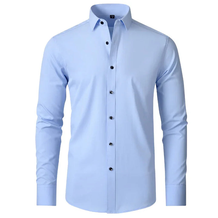 Light blue men's slim fit dress shirt with black buttons and long sleeves