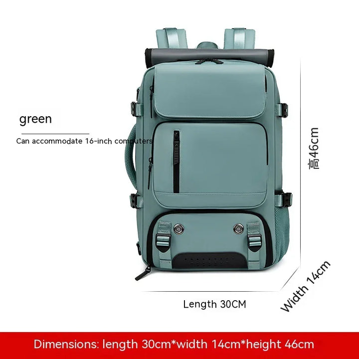 Green backpack with multiple pockets, fits 16-inch laptop, size 30x14x46cm