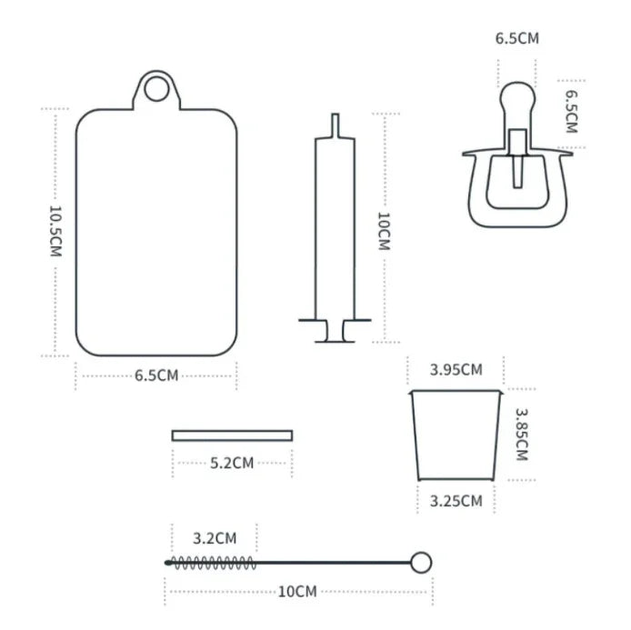 Technical line drawing of various small objects with precise measurements in centimeters including a tag, cylinder, clip, brush, and cup
