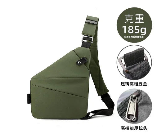 olive green sling bag with adjustable strap and durable zipper, weighing 185g