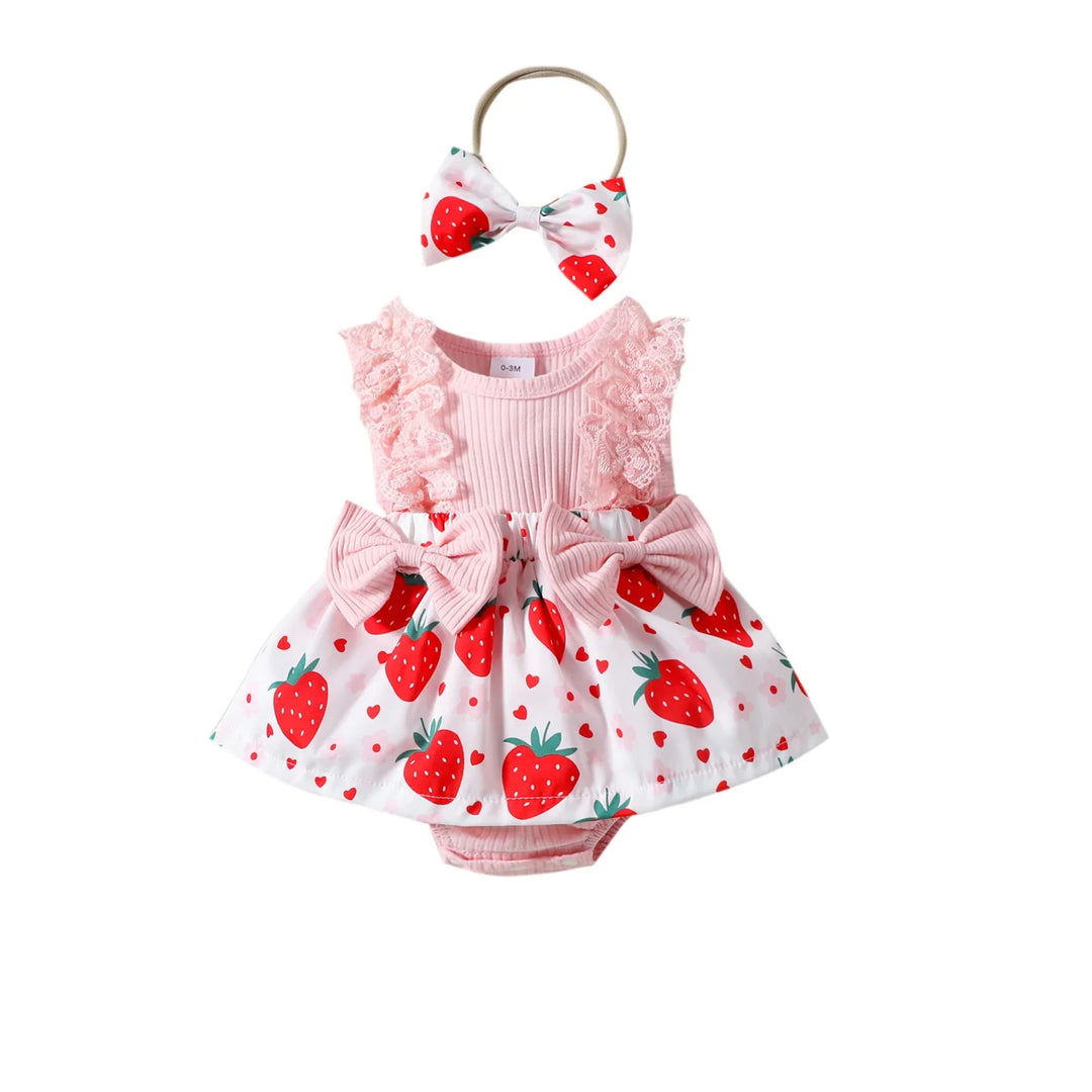 Baby girl strawberry print dress with pink lace top and matching strawberry bow headband