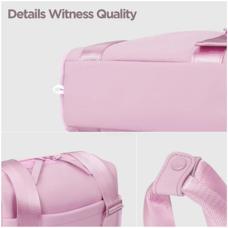 Close-up views of a pink bag highlighting quality details and shiny pink straps