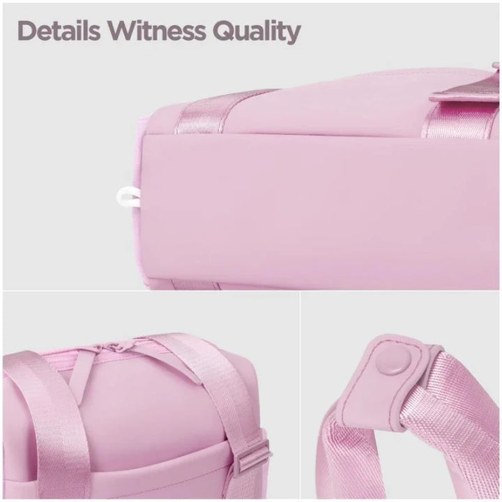 Close-up views of a pink bag highlighting quality details and shiny pink straps