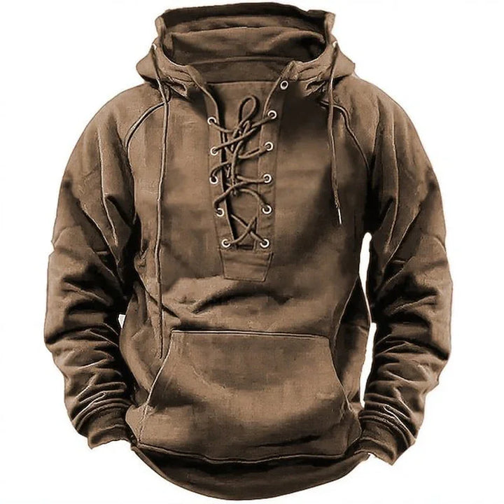 Brown hooded sweatshirt with lace-up front and front pocket, casual men's hoodie design