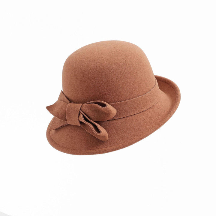 Brown felt cloche hat with decorative bow on side, vintage style women's accessory