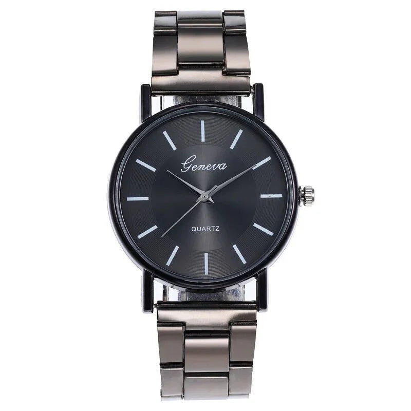 Geneva quartz men's wristwatch with black dial and silver metal link bracelet