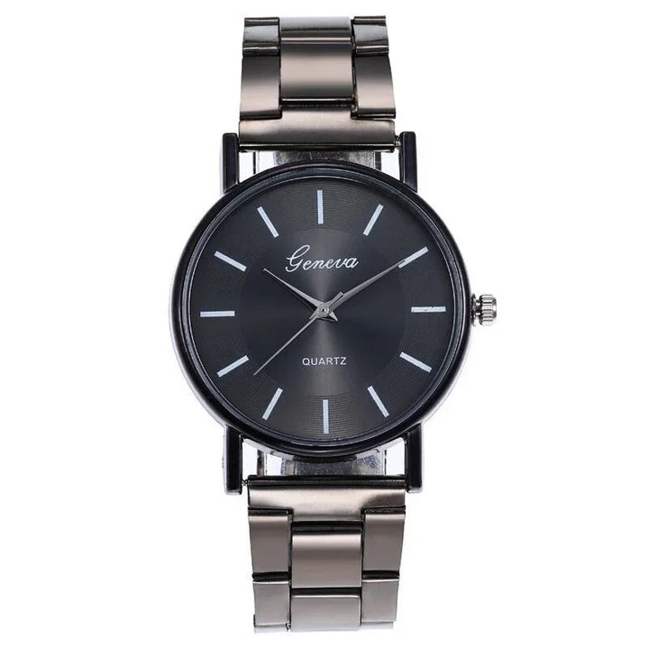 Geneva quartz men's wristwatch with black dial and silver metal link bracelet