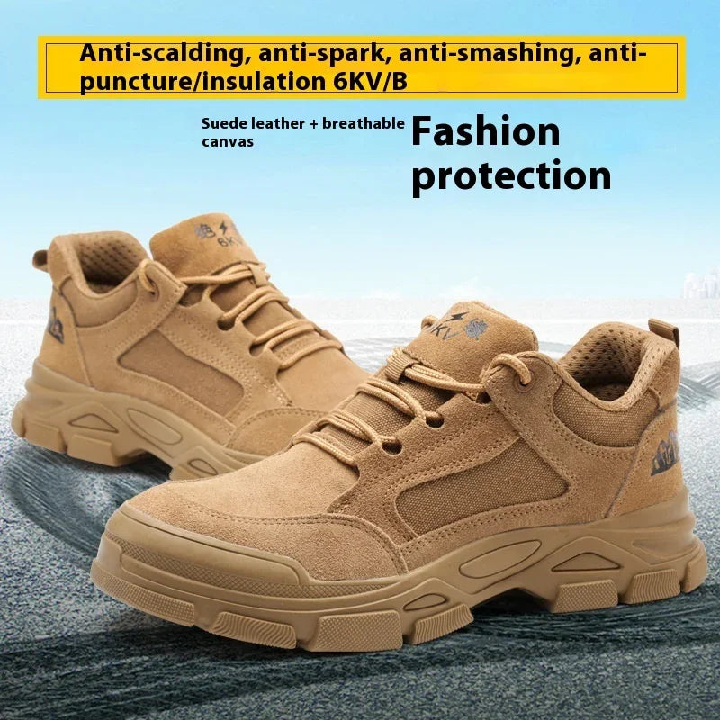 Tan suede leather and breathable canvas safety shoes with anti-scalding, anti-spark protection