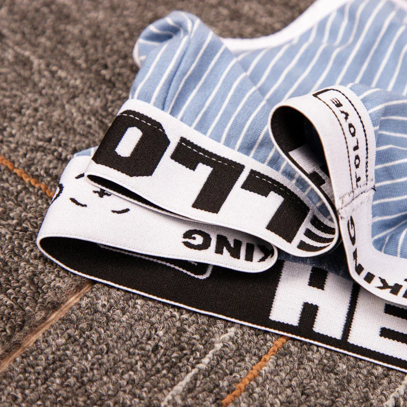 Close-up of blue and white striped boxer briefs with bold black and white elastic waistband on carpet