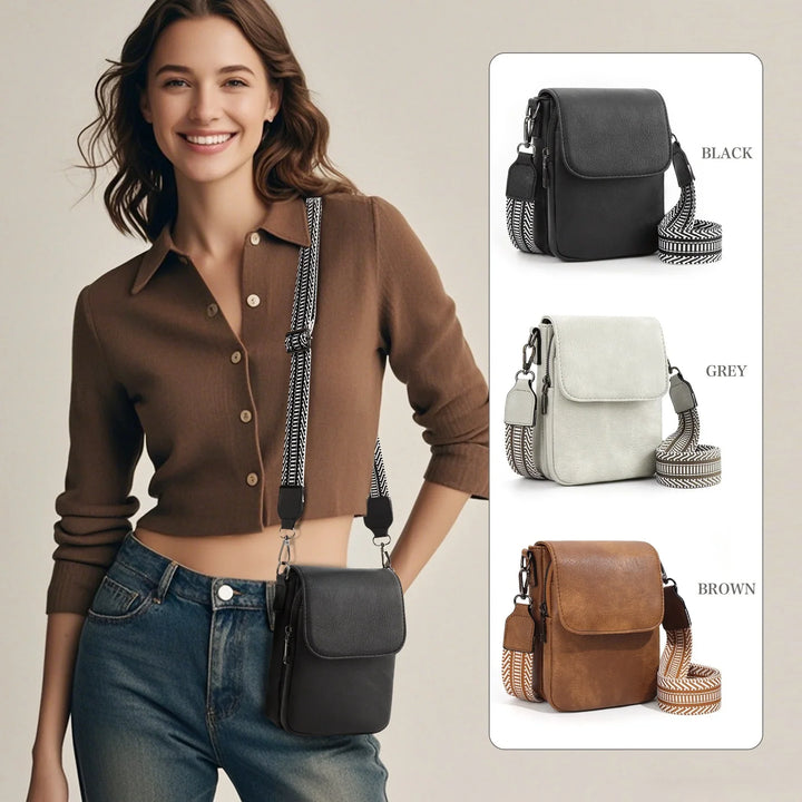 Woman wearing black crossbody bag with patterned strap, with black, grey, and brown bag color options