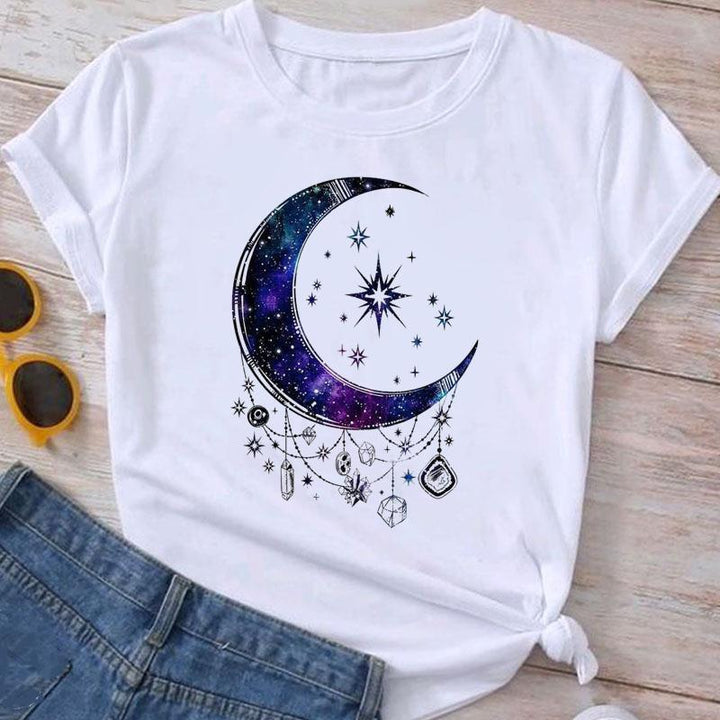 white t-shirt with navy blue and purple galaxy crescent moon and hanging stars graphic design