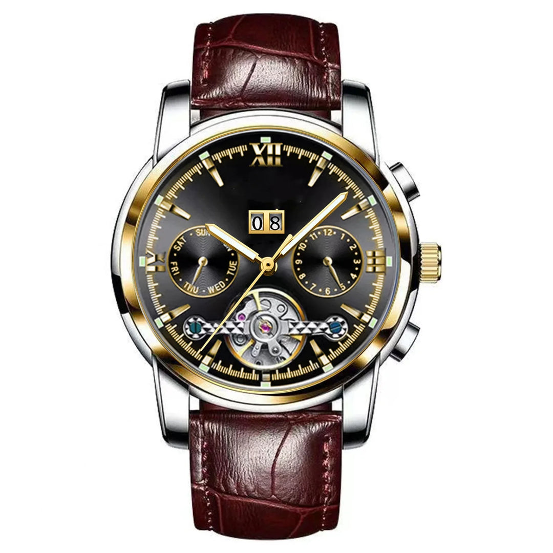 Luxury men's wristwatch with black dial, gold accents, brown leather strap, date and day subdials