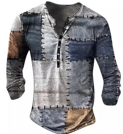Men's long-sleeve Henley shirt with stitched patchwork design in blue, gray, and brown tones