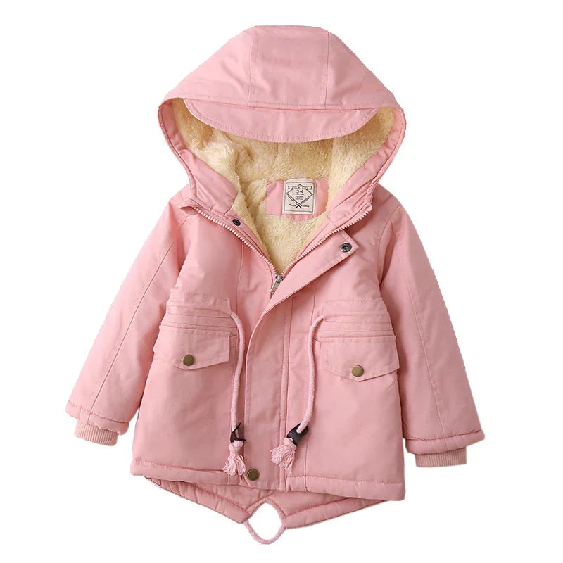 Pink hooded children's winter jacket with sherpa lining and front pockets