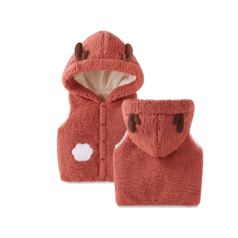 Kids' cozy rust-colored sherpa fleece vest with hood and brown deer antler details