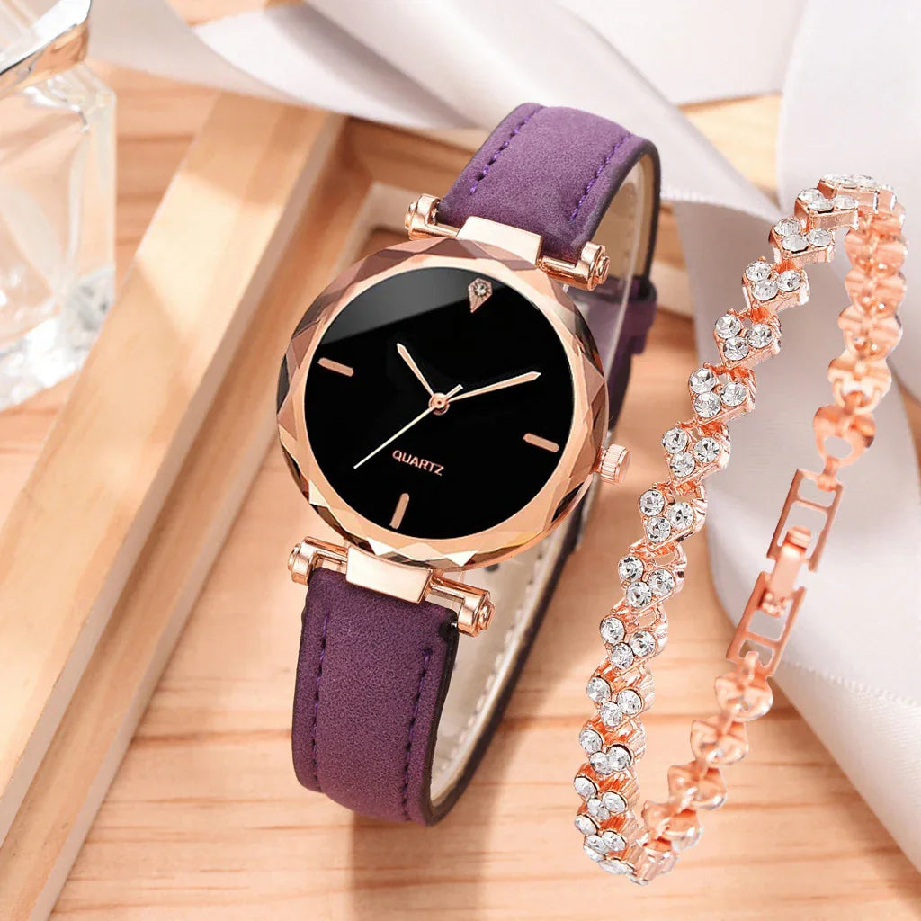 Elegant rose gold quartz watch with purple leather strap next to sparkling rhinestone bracelet on wooden surface