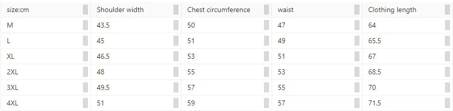 Size chart table for men's T-shirts listing shoulder width, chest circumference, waist, and clothing length in cm for sizes M to 4XL