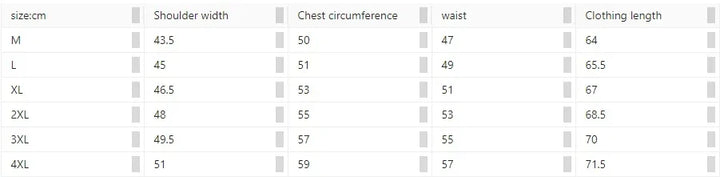 Size chart table for men's T-shirts listing shoulder width, chest circumference, waist, and clothing length in cm for sizes M to 4XL
