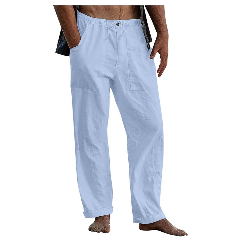 Men's light blue relaxed fit cotton pants with elastic waist and rolled cuffs