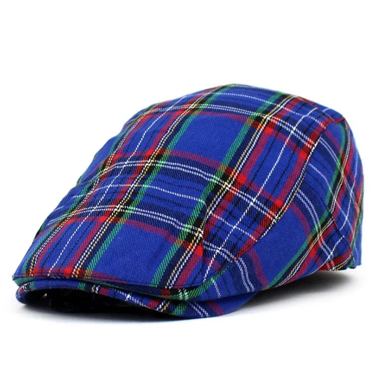 Blue plaid flat cap with red, green, white, and black tartan pattern