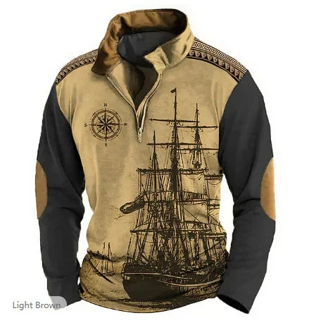 Light brown and black long-sleeve pullover with vintage sailing ship and compass graphics