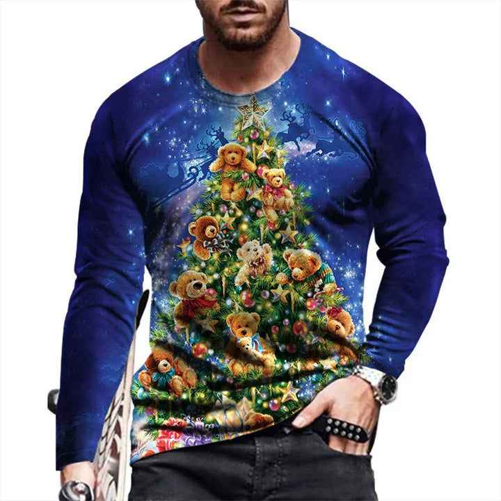 Men's blue Christmas sweater with teddy bears decorating a festive Christmas tree
