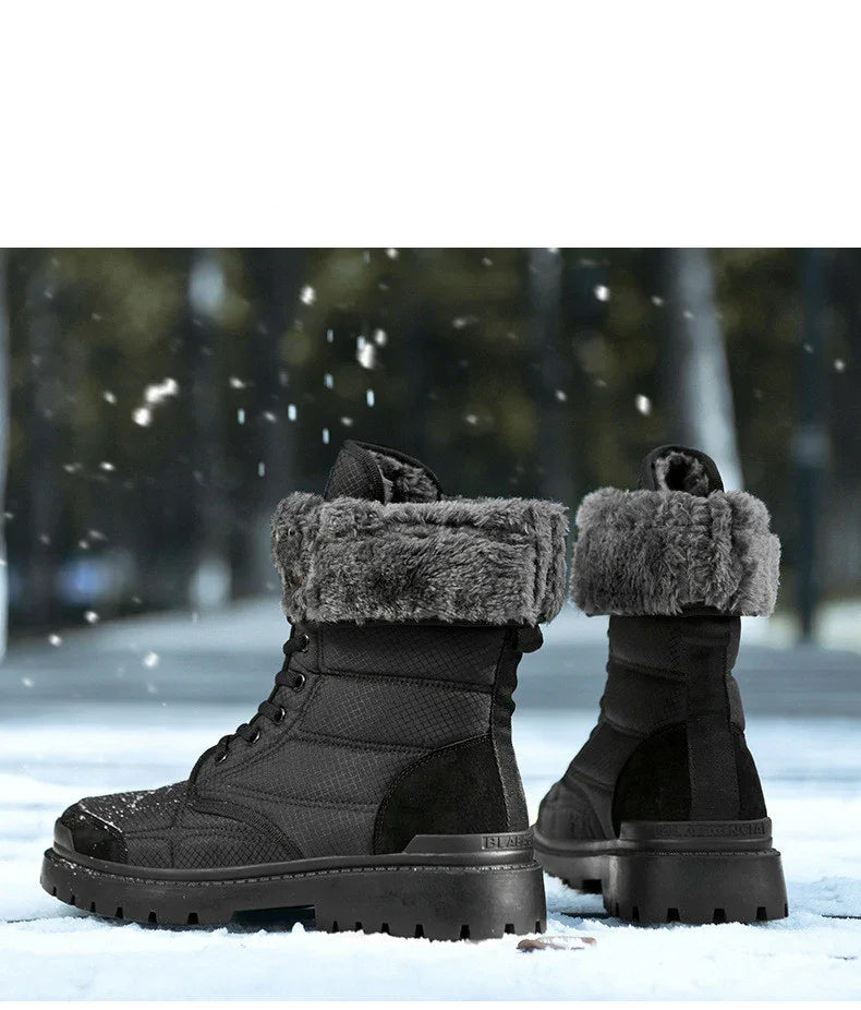 Black winter boots with gray fur lining on snowy ground with falling snowflakes